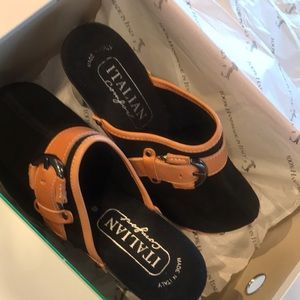 Black suede and tan leather handmade Italian clog